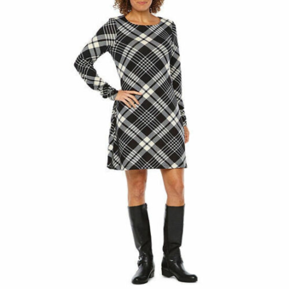 Chetta B Black & Plaid Shift Dress with Removable Scarf